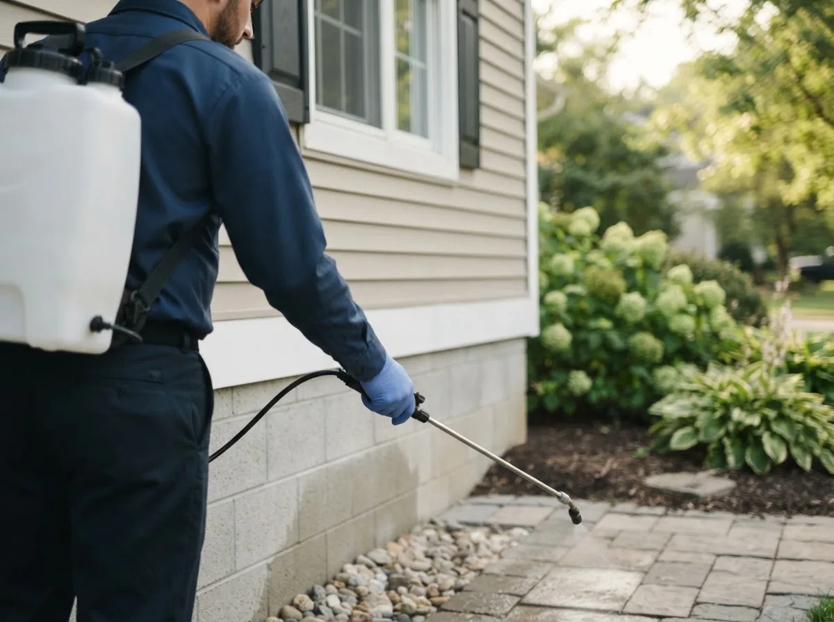 Pest control technician inspecting a home in Arlington, OH